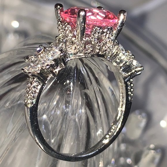 silver ring pink stone & cz flowers - Picture 5 of 10